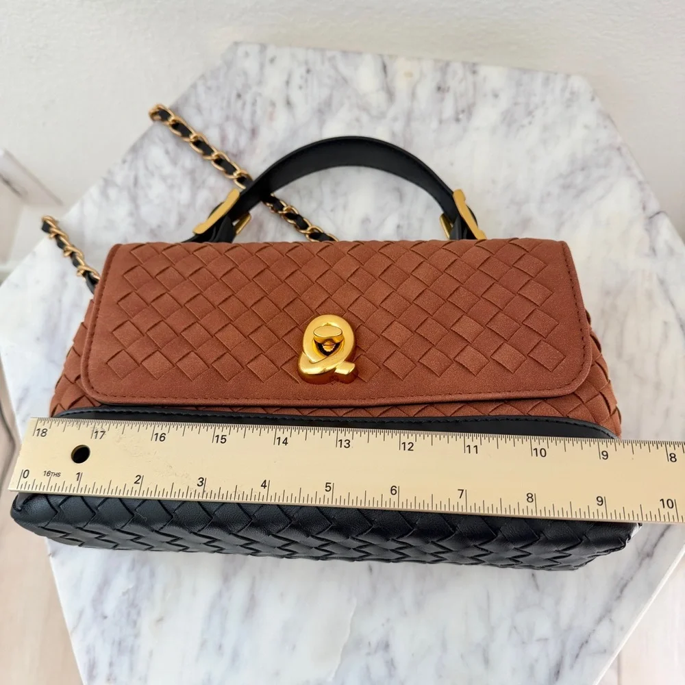 Brown Black Two-Tone Woven Leather Top Handle Crossbody Chain Strap Bag - Picture 13 of 14